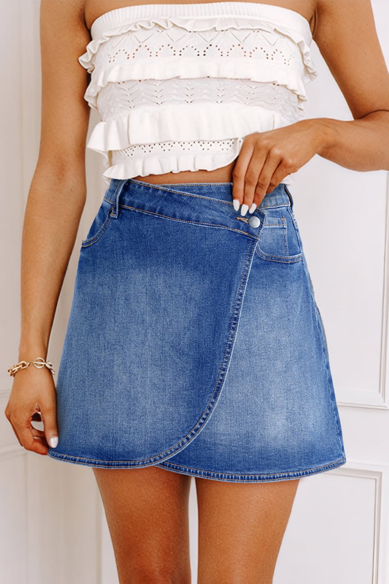 Ashleigh Blue Wrapped Crossed Waist Denim Mini Skirt Casual - Love Salve